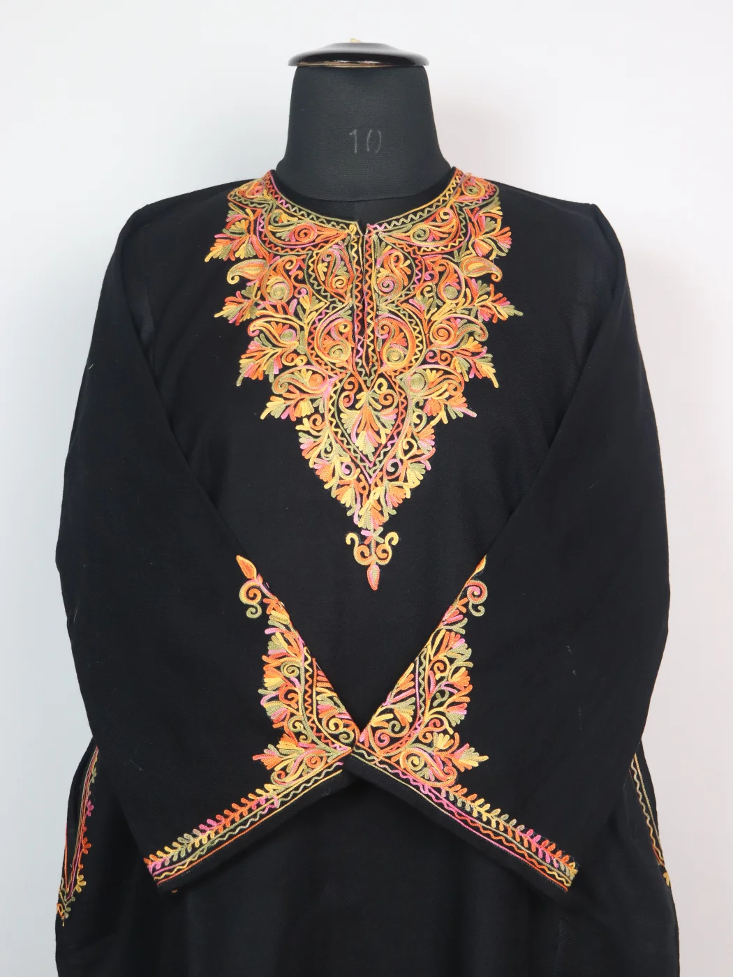 Black Kashmiri Pheran in Cashmilon with Sleeve Point Aari Embroidery | Minaal - Image 2