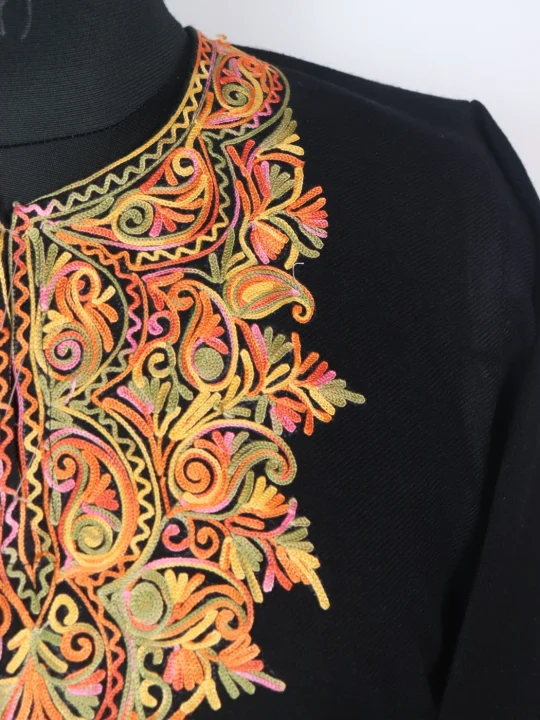 Black Kashmiri Pheran in Cashmilon with Sleeve Point Aari Embroidery | Minaal - Image 3