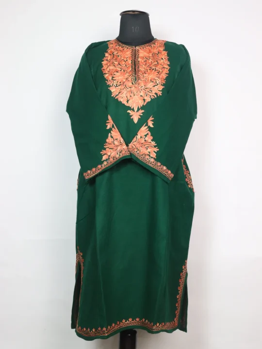 Green Kashmiri Pheran Minaal in Cashmilon with Sleeve Point Aari Embroidery