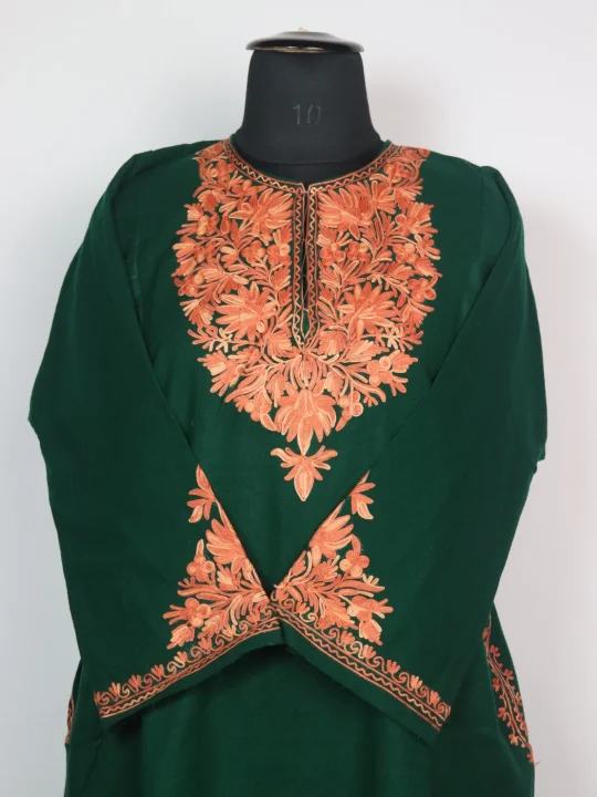 Green Kashmiri Pheran Minaal in Cashmilon with Sleeve Point Aari Embroidery - Image 2