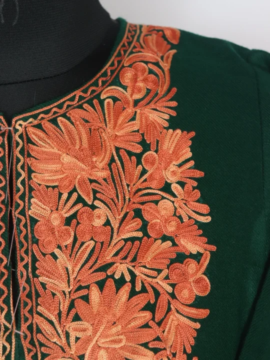 Green Kashmiri Pheran Minaal in Cashmilon with Sleeve Point Aari Embroidery - Image 3