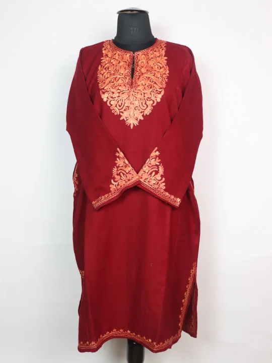 Kashmiri Pheran Minaal with Sleeve Point Aari Work in Cashmilon  | Maroon