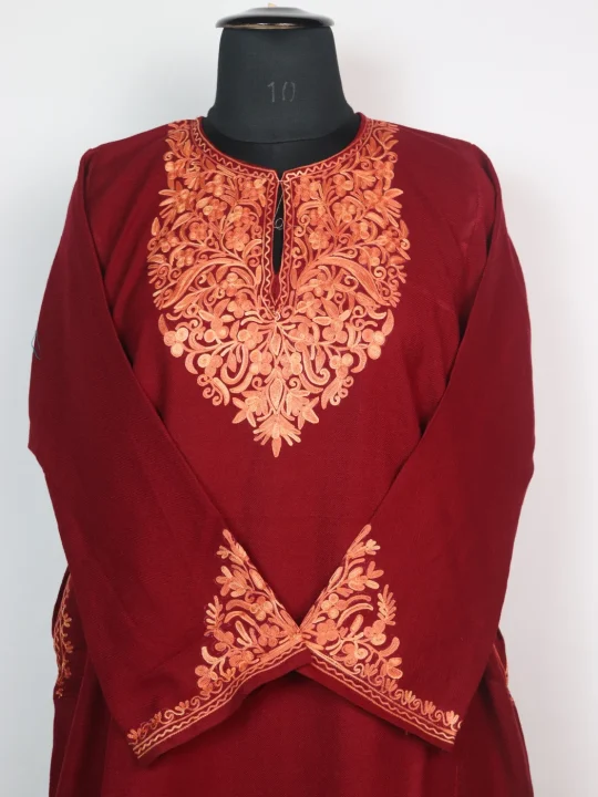 Kashmiri Pheran Minaal with Sleeve Point Aari Work in Cashmilon  | Maroon - Image 2