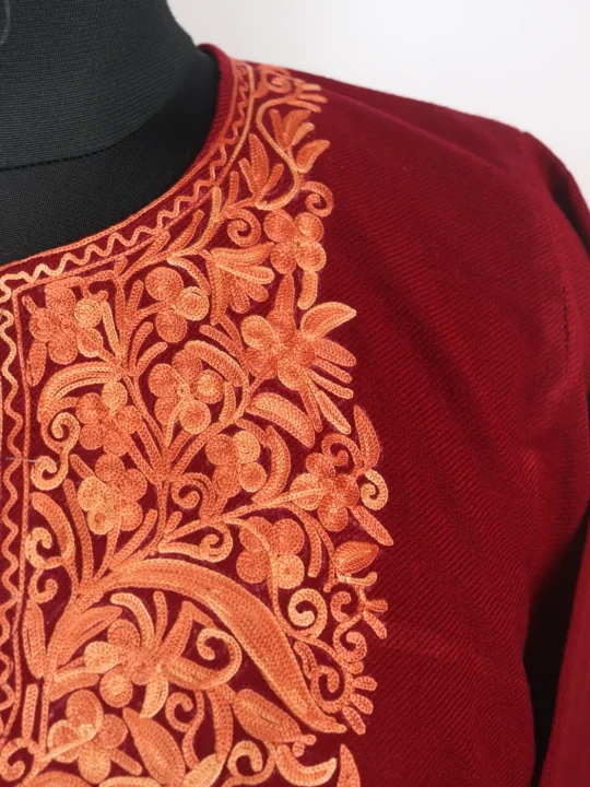 Kashmiri Pheran Minaal with Sleeve Point Aari Work in Cashmilon  | Maroon - Image 3