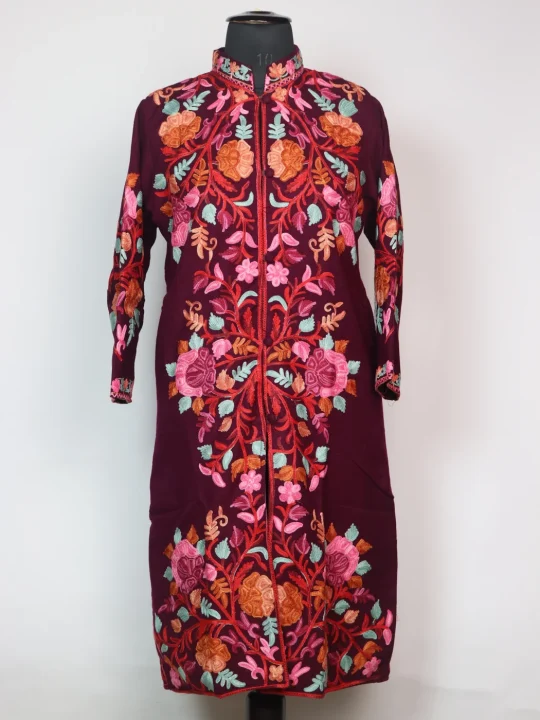 Mishal Kashmiri Long Coat In Cashmilon Wool With Aari Work | Wine
