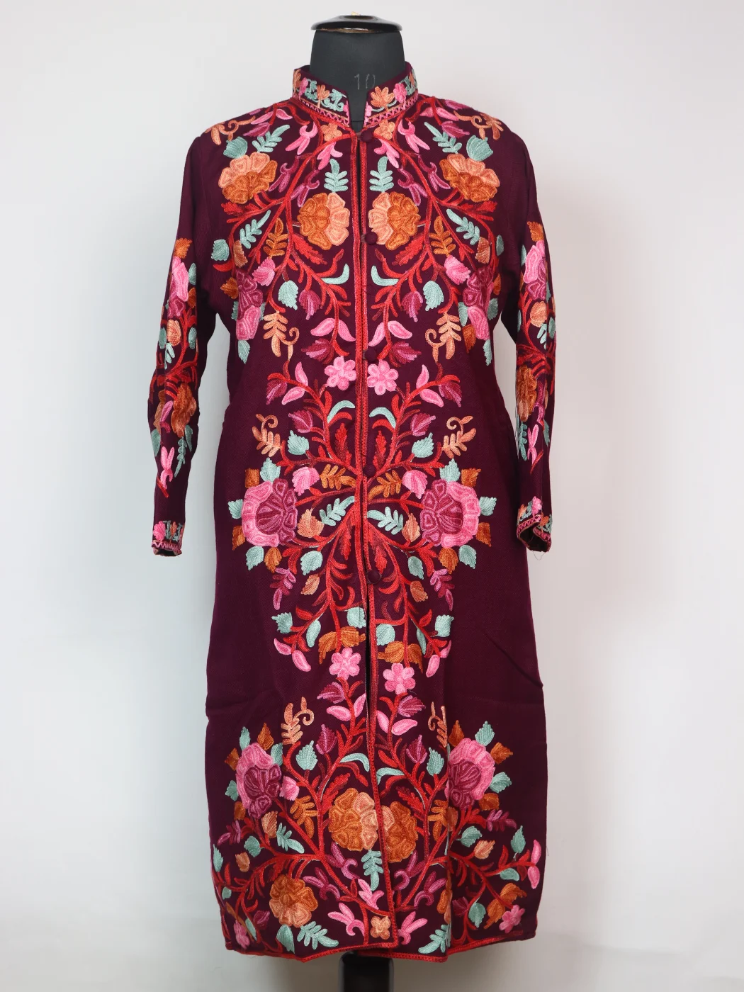 Mishal Kashmiri Long Coat In Cashmilon Wool With Aari Work | Wine