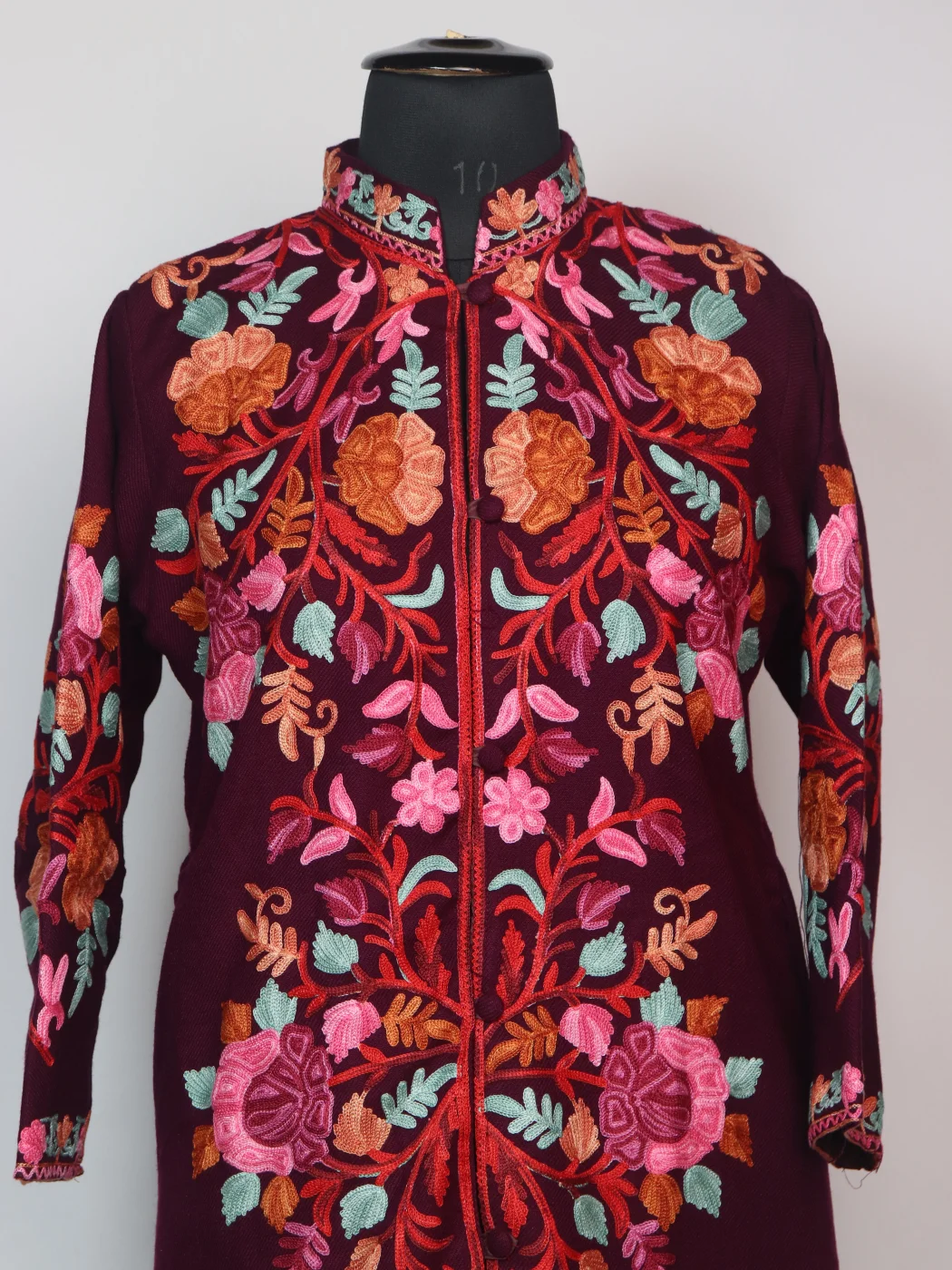 Mishal Kashmiri Long Coat In Cashmilon Wool With Aari Work | Wine - Image 2