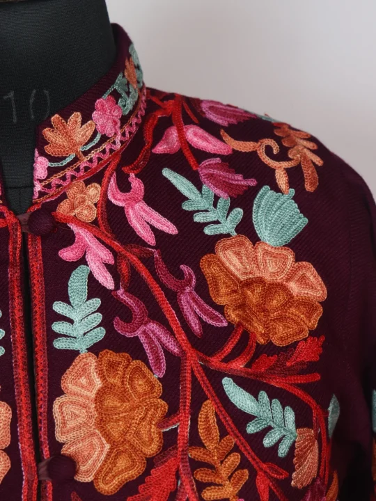 Mishal Kashmiri Long Coat In Cashmilon Wool With Aari Work | Wine - Image 3