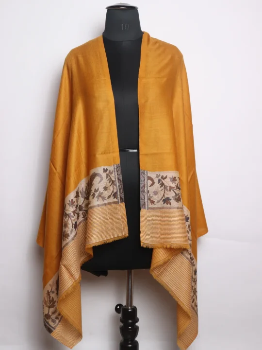 Mustard Kashmiri Stole In Fine Wool With Palla Kani Work | Fawzia