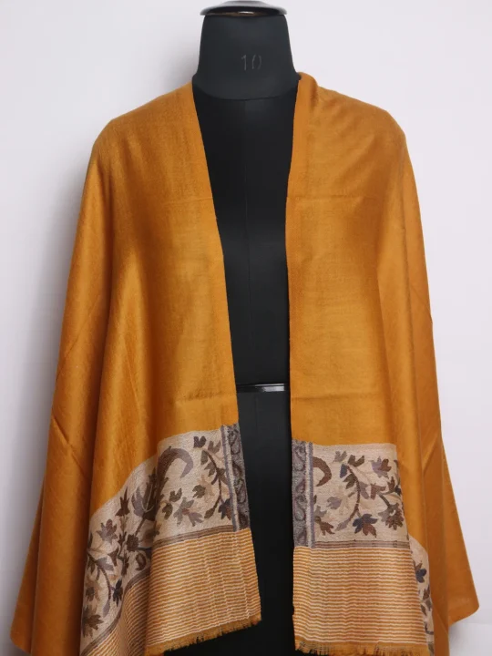 Mustard Kashmiri Stole In Fine Wool With Palla Kani Work | Fawzia - Image 3