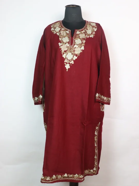 Kashmiri Pheran In Cashmilon wool With Aari Embroidery | Maroon | Insha