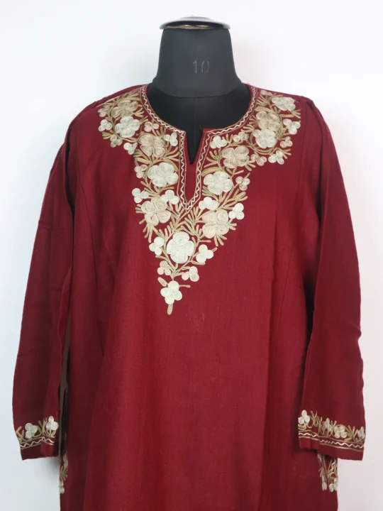 Kashmiri Pheran In Cashmilon wool With Aari Embroidery | Maroon | Insha - Image 2