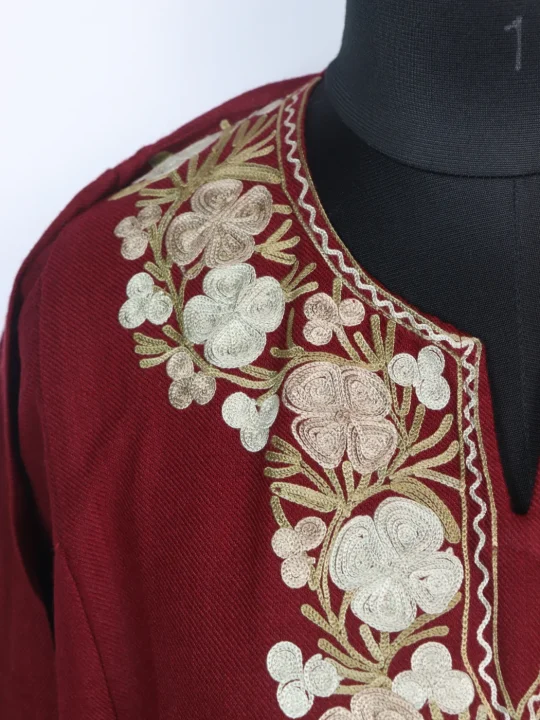 Kashmiri Pheran In Cashmilon wool With Aari Embroidery | Maroon | Insha - Image 3