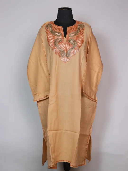 Peach Kashmiri Pheran In Raffal Wool With Botte Tilla Embroidery | Muneera