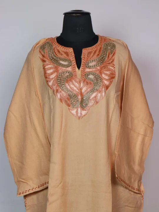 Peach Kashmiri Pheran In Raffal Wool With Botte Tilla Embroidery | Muneera - Image 2