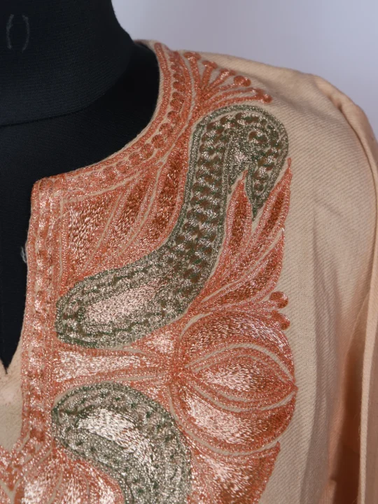 Peach Kashmiri Pheran In Raffal Wool With Botte Tilla Embroidery | Muneera - Image 3