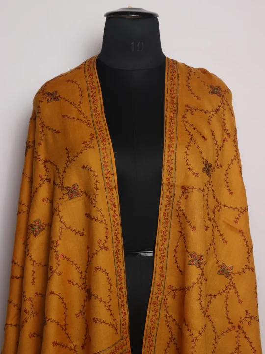 Rizwana Kashmiri Stole In Polywool With Hand Sozni | Mustard - Image 2