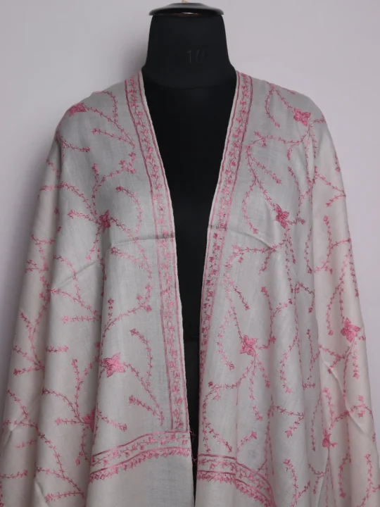 White Kashmiri Stole In Polywool With Hand Sozni | Nabila - Image 2