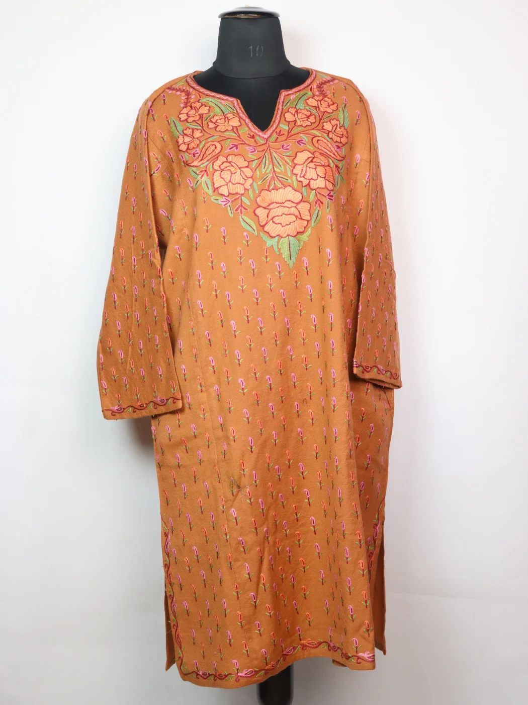 Nawal Kashmiri Pheran In Raffal Wool With Hand Aari Embroidery | Rust