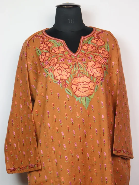 Nawal Kashmiri Pheran In Raffal Wool With Hand Aari Embroidery | Rust - Image 2