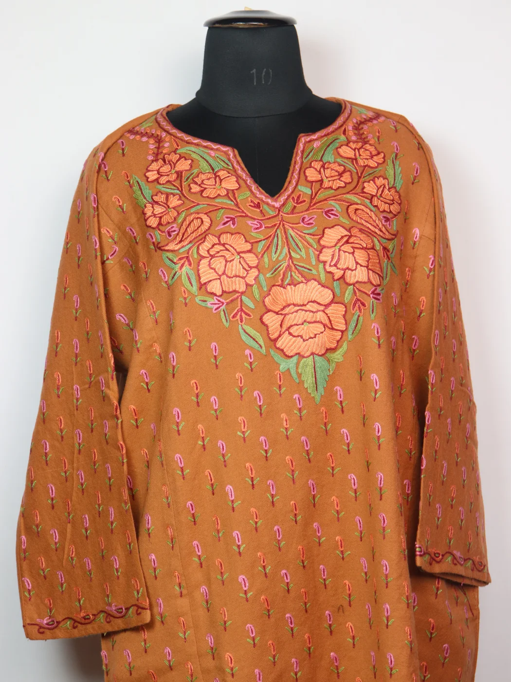 Nawal Kashmiri Pheran In Raffal Wool With Hand Aari Embroidery | Rust - Image 2