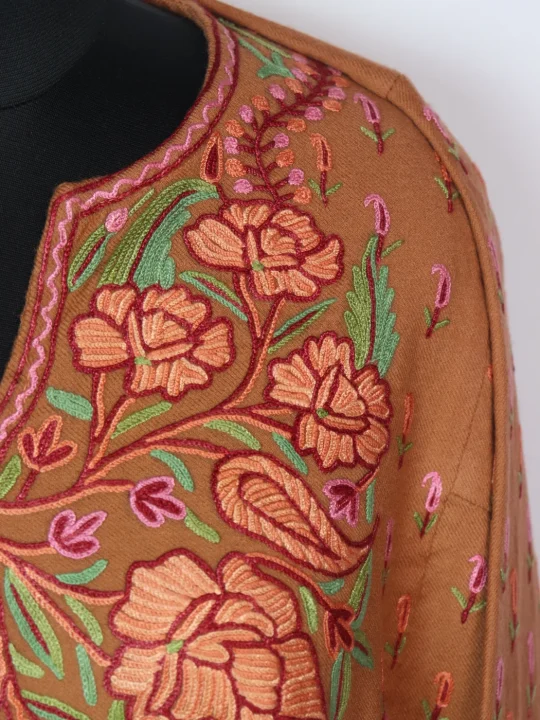 Nawal Kashmiri Pheran In Raffal Wool With Hand Aari Embroidery | Rust - Image 3