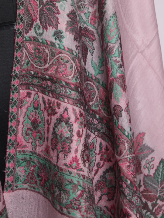Tazeen Kashmiri Kani Work Fine Wool Stole | Pink - Image 3