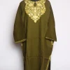 Nida Kashmiri Pheran In Raffal Wool With Aari Embroidery | Olive Green