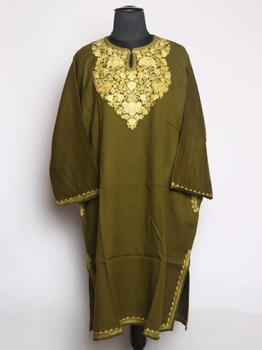 Nida Kashmiri Pheran In Raffal Wool With Aari Embroidery | Olive Green