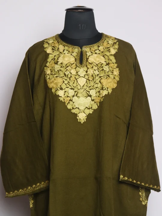 Nida Kashmiri Pheran In Raffal Wool With Aari Embroidery | Olive Green - Image 2