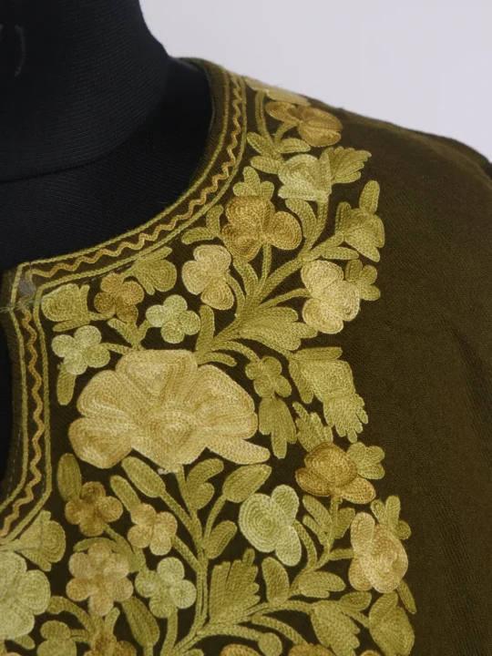 Nida Kashmiri Pheran In Raffal Wool With Aari Embroidery | Olive Green - Image 3