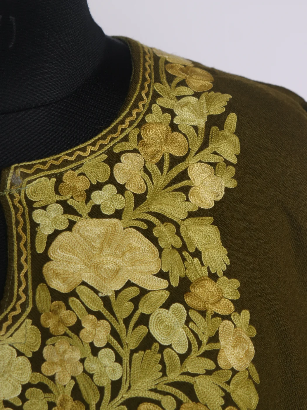 Nida Kashmiri Pheran In Raffal Wool With Aari Embroidery | Olive Green - Image 3