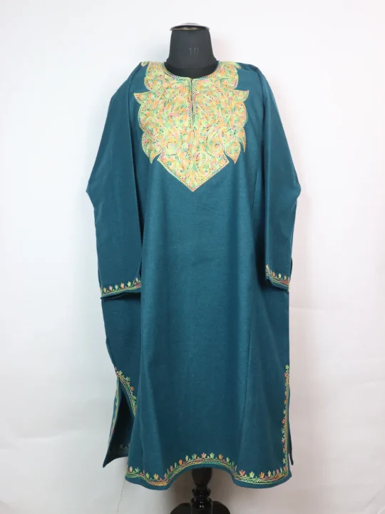 Noreen Kashmiri Pheran In Tweed Wool With Aari Embroidery | Teal Blue
