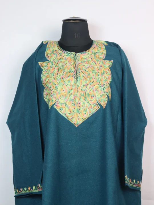 Noreen Kashmiri Pheran In Tweed Wool With Aari Embroidery | Teal Blue - Image 2
