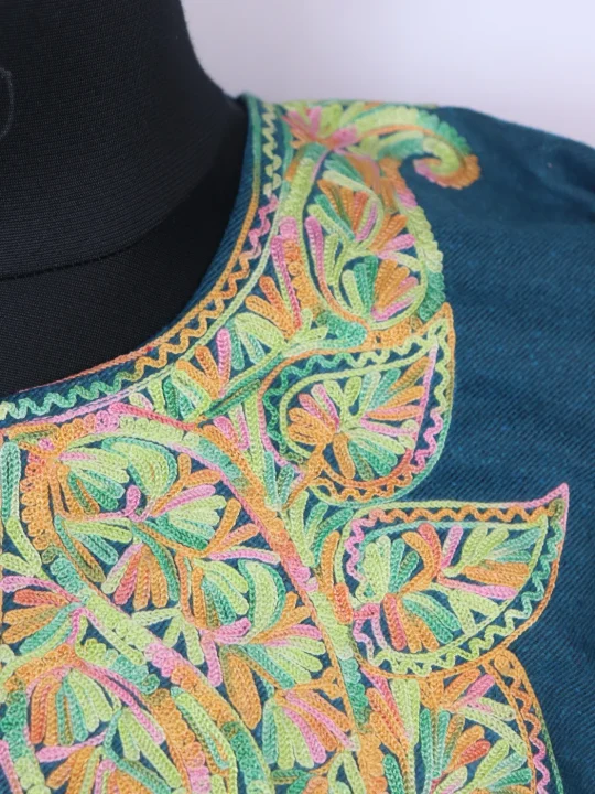 Noreen Kashmiri Pheran In Tweed Wool With Aari Embroidery | Teal Blue - Image 3