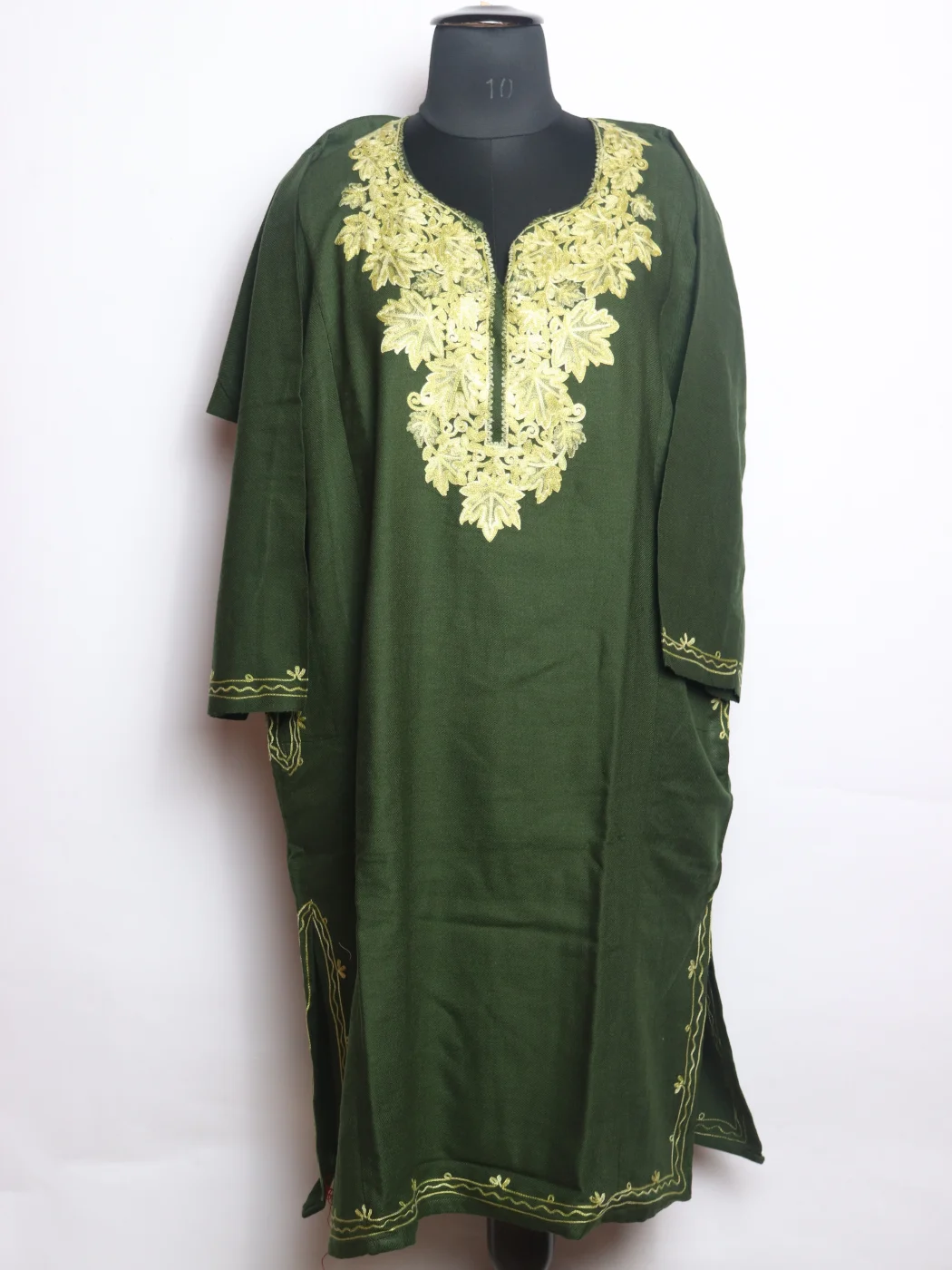 Olive Kashmiri Pheran In Cashmilon wool With Aari Embroidery | Siyam