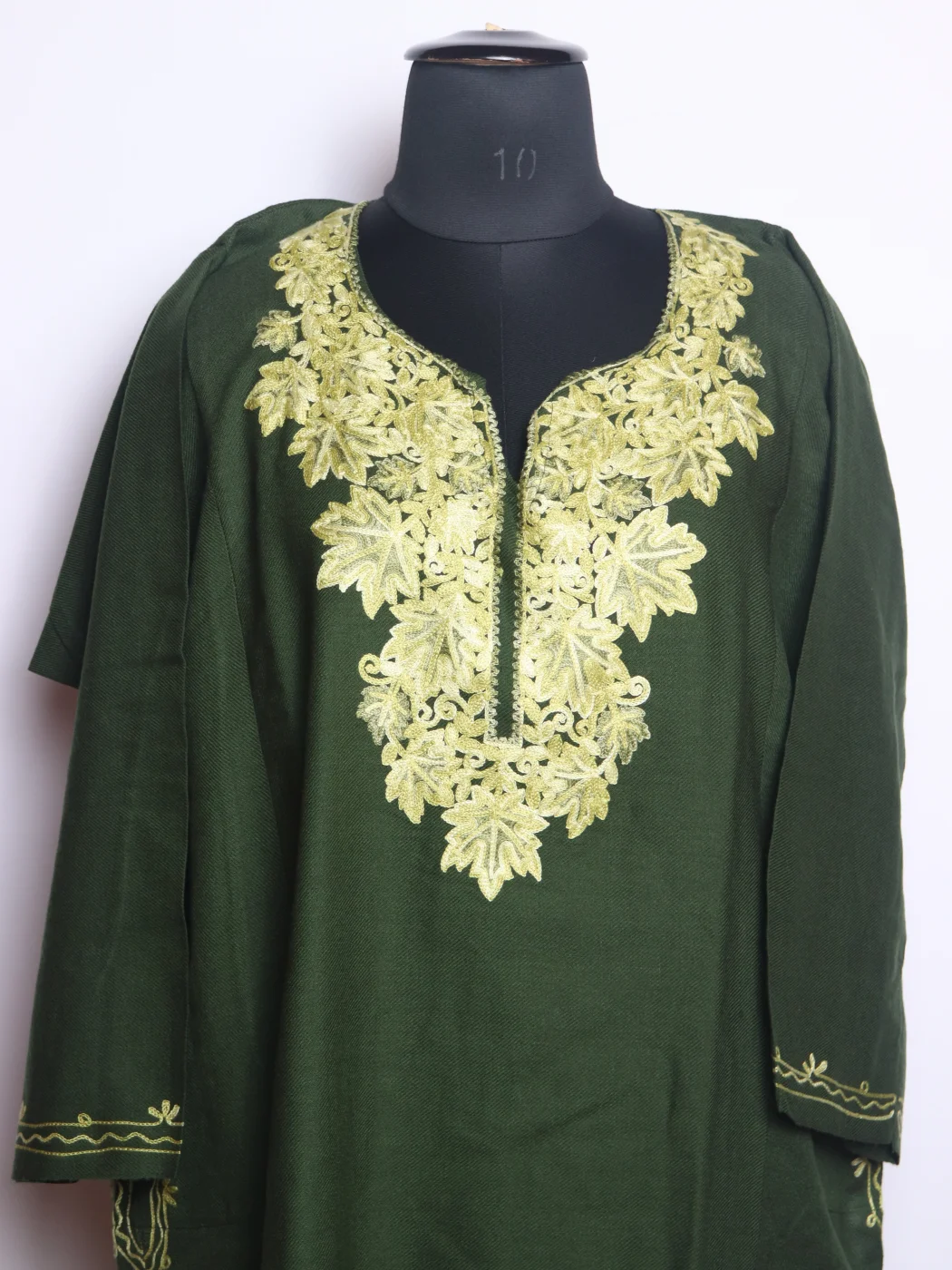 Olive Kashmiri Pheran In Cashmilon wool With Aari Embroidery | Siyam - Image 2