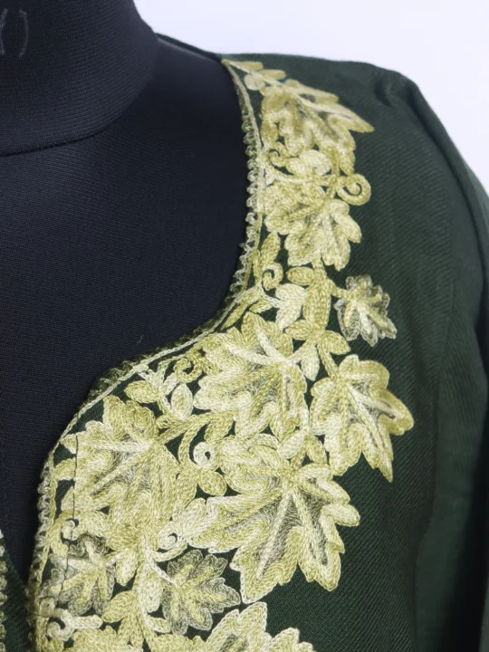 Olive Kashmiri Pheran In Cashmilon wool With Aari Embroidery | Siyam - Image 3