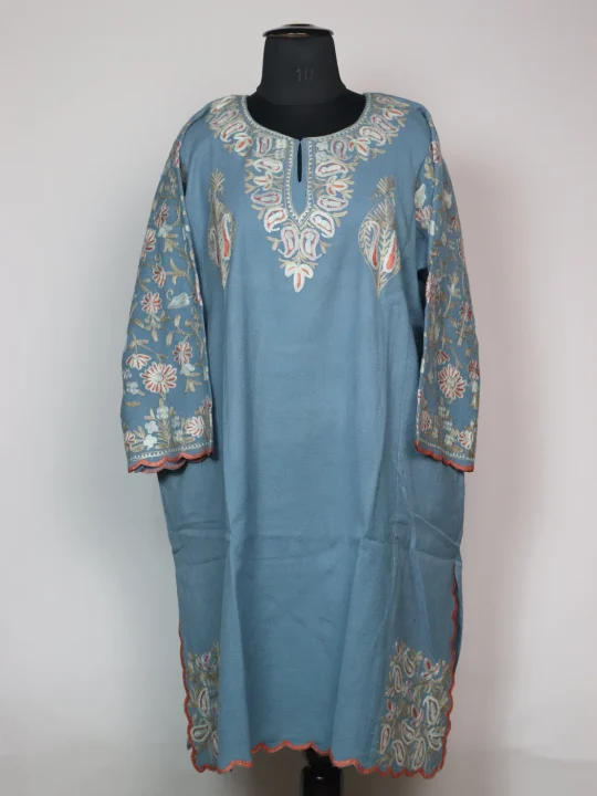 Blue Kashmiri Pheran In Scalping Raffal Wool With Aari Embroidery | Zohra