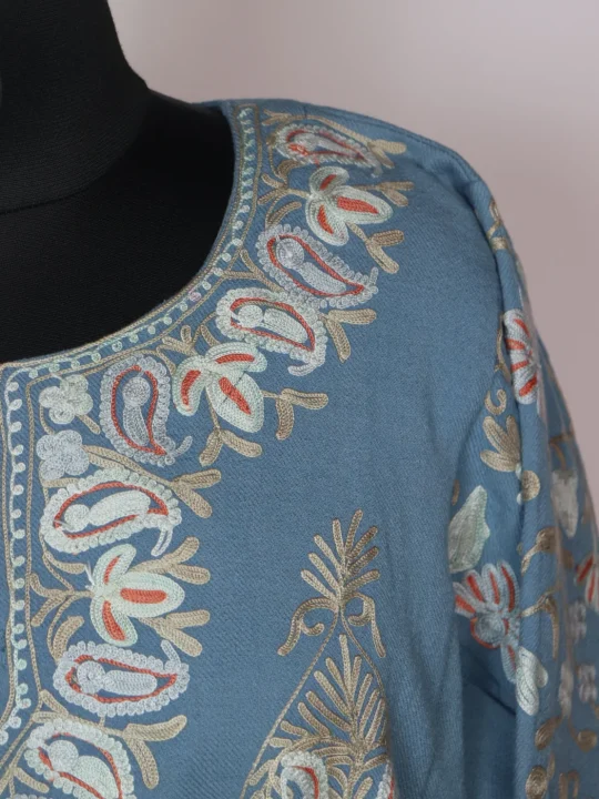 Blue Kashmiri Pheran In Scalping Raffal Wool With Aari Embroidery | Zohra - Image 3