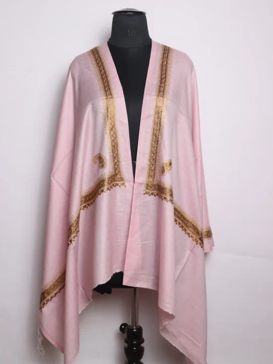 Samina Kashmiri Stole In Fine Wool With Aari Nalki Work | Light Pink