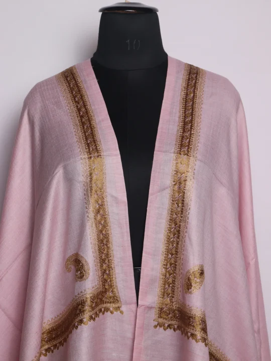Samina Kashmiri Stole In Fine Wool With Aari Nalki Work | Light Pink - Image 2