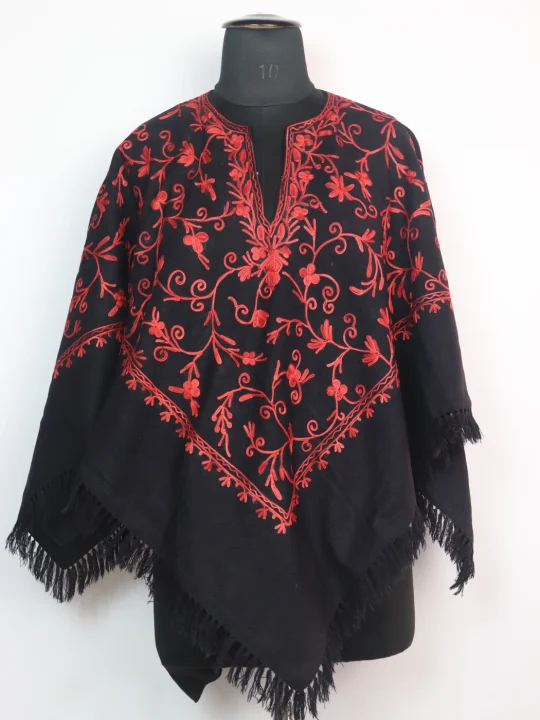 Kashmiri Poncho in Black Cashmilon Wool with Jaal Aari Embroidery | Minaal