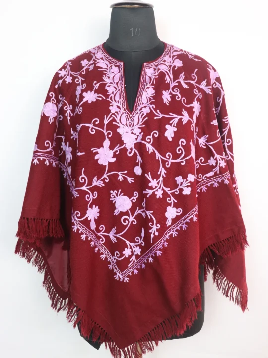 Maroon Poncho in Cashmilon Wool with Kashmiri Jaal Aari Embroidery | Minaal