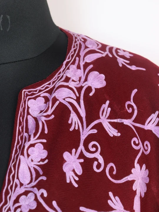 Maroon Poncho in Cashmilon Wool with Kashmiri Jaal Aari Embroidery | Minaal - Image 2
