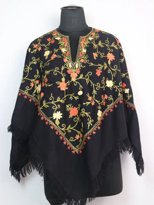 Minaal Poncho with Kashmiri Jaal Aari Embroidery in Black Cashmilon Wool