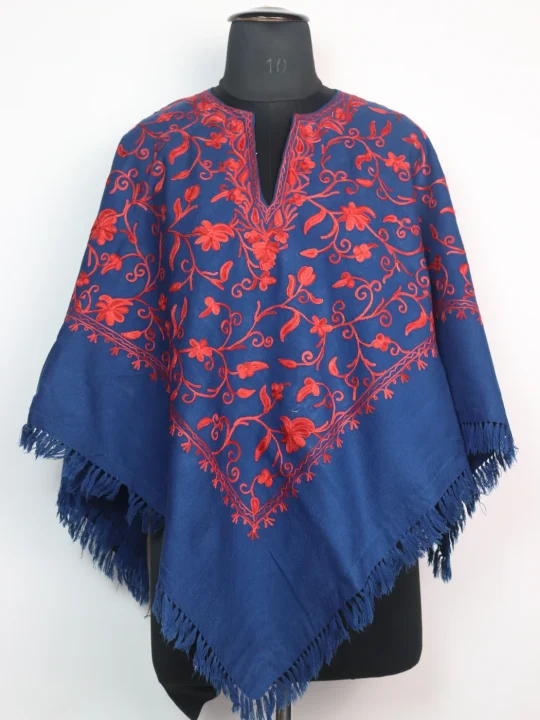 Blue Poncho with Kashmiri Jaal Aari Embroidery in Cashmilon Wool | Minaal
