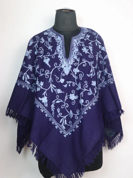 Minaal Poncho in Blue Cashmilon Wool with Kashmiri Jaal Aari Embroidery