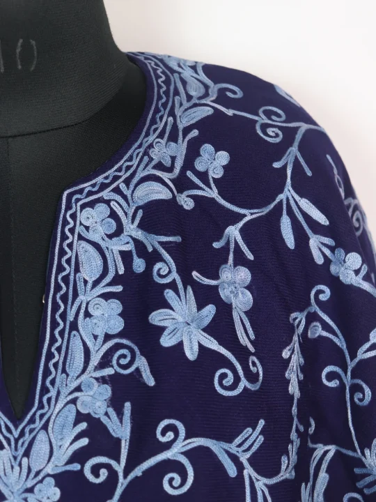 Minaal Poncho in Blue Cashmilon Wool with Kashmiri Jaal Aari Embroidery - Image 2