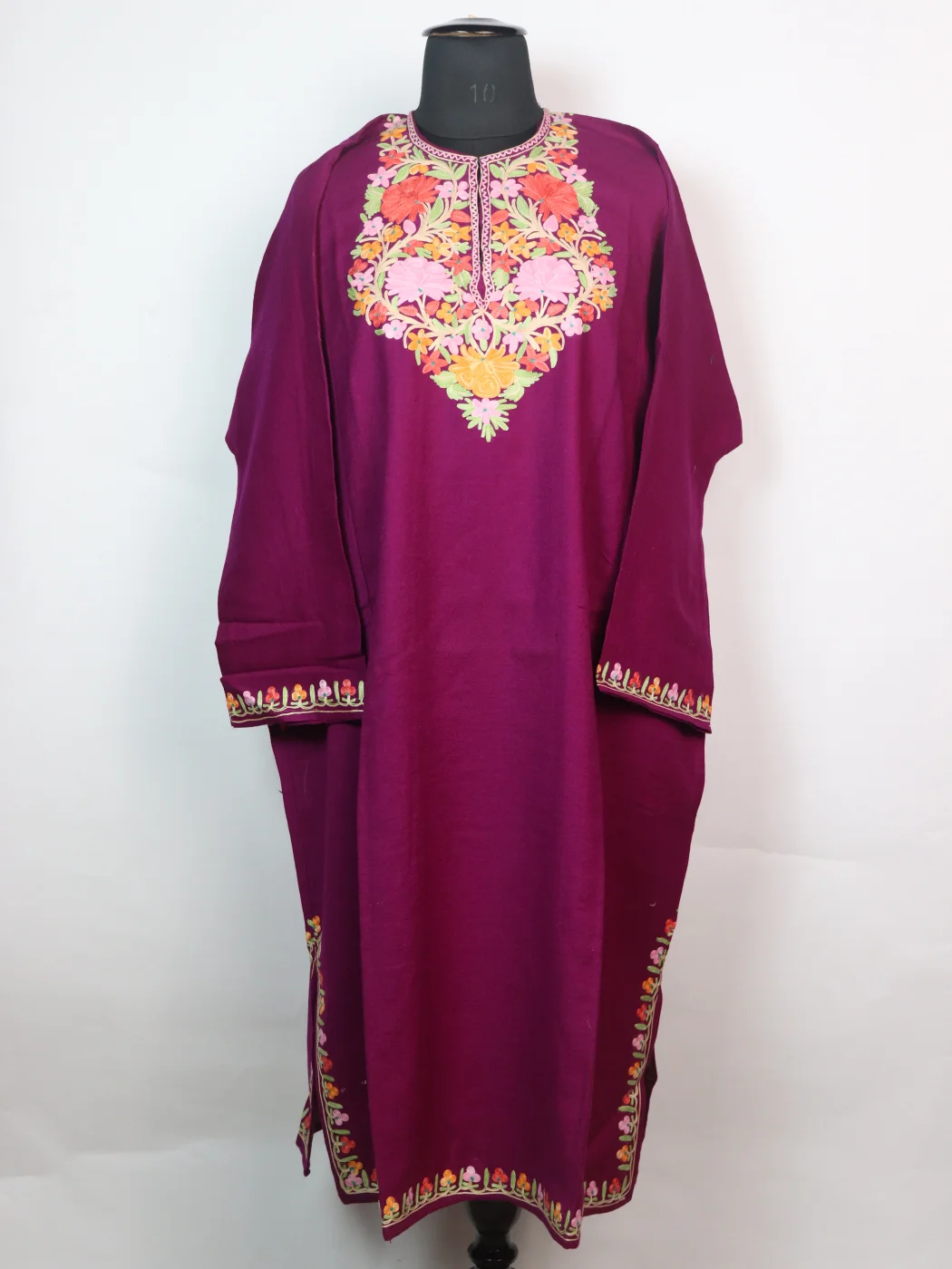 Asma Kashmiri Pheran In Raffal Wool With Aari Embroidery | Purple